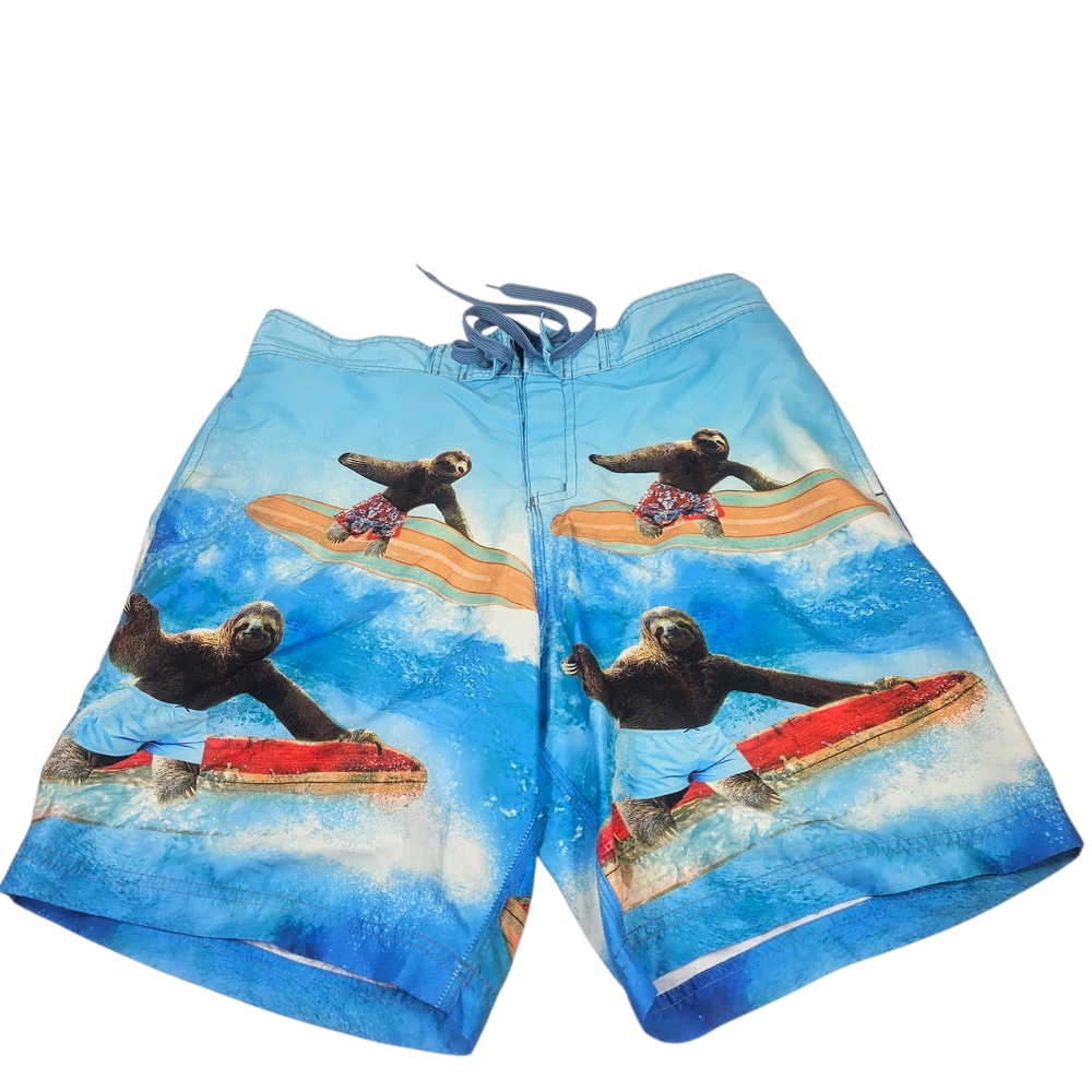 Men's Blue Surf Sloth Athletic Swim Shorts with Drawstring. Size XL